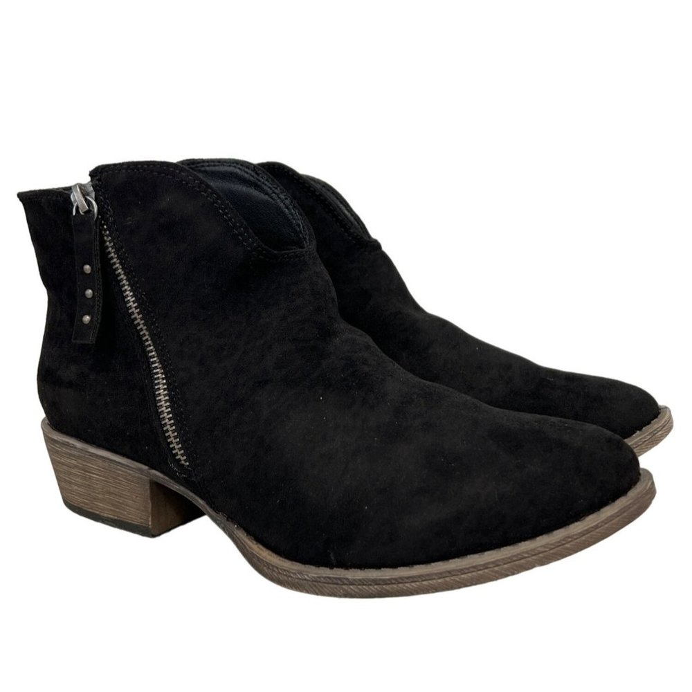 Very G Divine Ankle Boots Faux Suede Black Zip Block Heel Almond Toe Womens 6